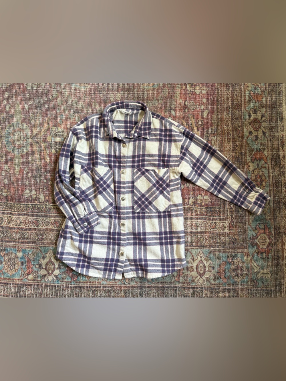 Zara Girls 10 White and Purple Plaid Button-Up Shirt 100% Cotton